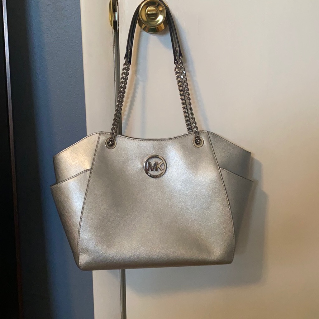Michael Kors Silver Metallic Tote Bag With Chain Straps